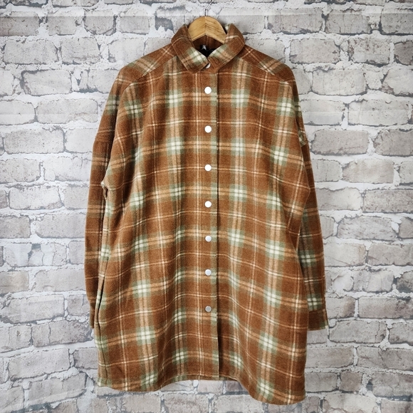 Norah Plaid Oversized Snap Front Shacket Wool Blend Pumpkin Sage Cream Size 44 - Picture 3 of 14
